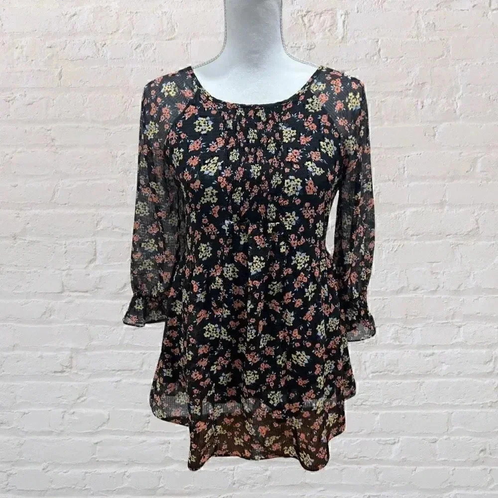 Free People Mini Babydoll Dress Smocked Floral Black Dress with Sheer Sleeves Si